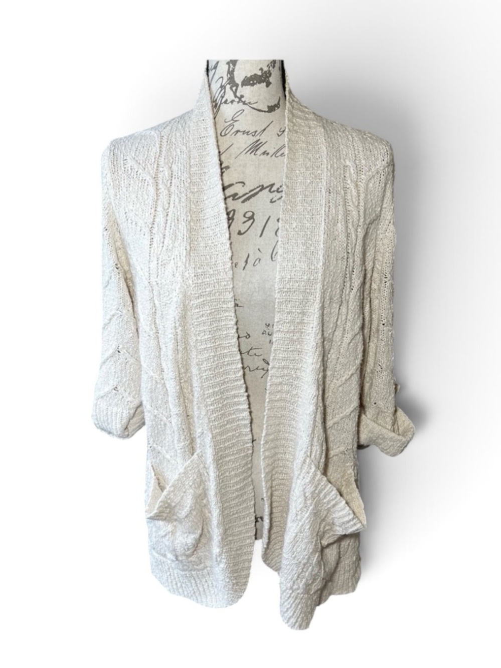 Sparrow Anthropologie Ivory Cable Knit Open Front Cardigan Sweater Pockets Sz S